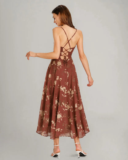 Vestido largo tipo slip con estampado jacquard y espalda cruzada