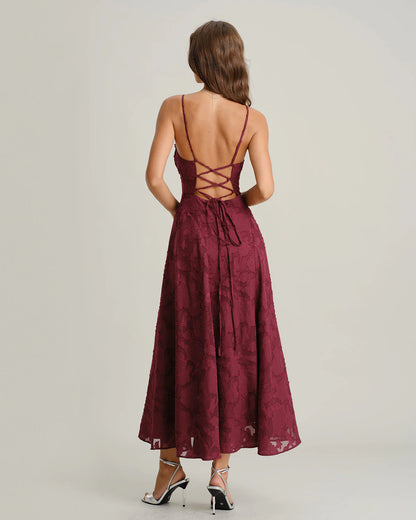 Vestido largo tipo slip con estampado jacquard y espalda cruzada