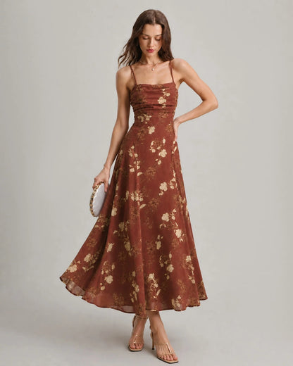 Vestido largo tipo slip con estampado jacquard y espalda cruzada