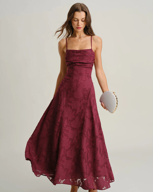 Vestido largo tipo slip con estampado jacquard y espalda cruzada